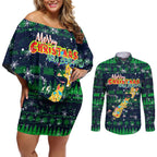 Merry Christmas New Zealand Couples Matching Off Shoulder Short Dress and Long Sleeve Button Shirt Xmas Travel Map - Aussie Hoodie