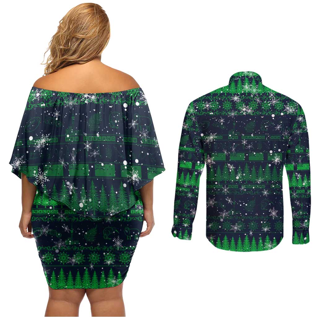 Merry Christmas New Zealand Couples Matching Off Shoulder Short Dress and Long Sleeve Button Shirt Xmas Travel Map - Aussie Hoodie