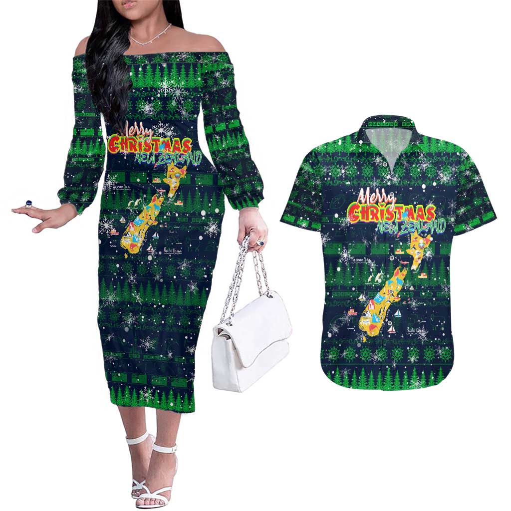 Merry Christmas New Zealand Couples Matching Off The Shoulder Long Sleeve Dress and Hawaiian Shirt Xmas Travel Map - Aussie Hoodie