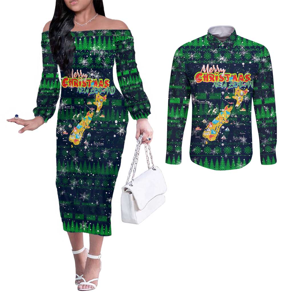 Merry Christmas New Zealand Couples Matching Off The Shoulder Long Sleeve Dress and Long Sleeve Button Shirt Xmas Travel Map - Aussie Hoodie