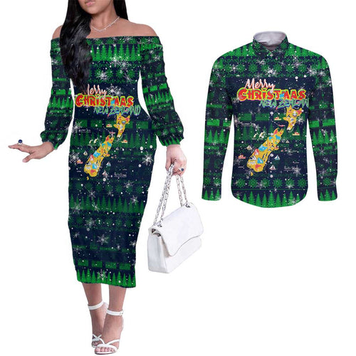 Merry Christmas New Zealand Couples Matching Off The Shoulder Long Sleeve Dress and Long Sleeve Button Shirt Xmas Travel Map - Aussie Hoodie
