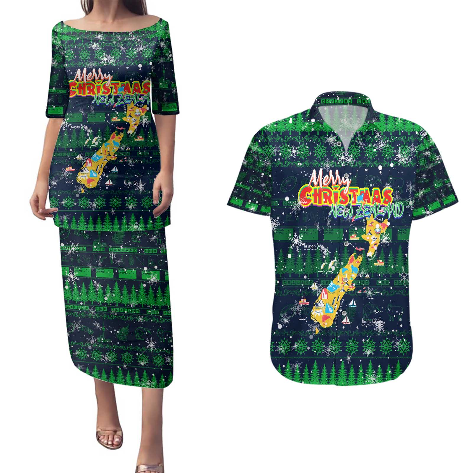 Merry Christmas New Zealand Couples Matching Puletasi and Hawaiian Shirt Xmas Travel Map - Aussie Hoodie