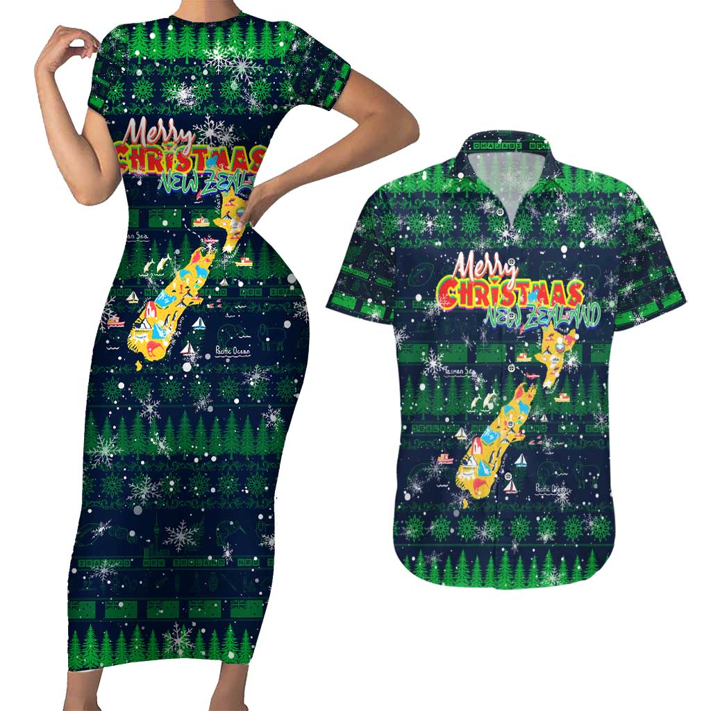 Merry Christmas New Zealand Couples Matching Short Sleeve Bodycon Dress and Hawaiian Shirt Xmas Travel Map - Aussie Hoodie