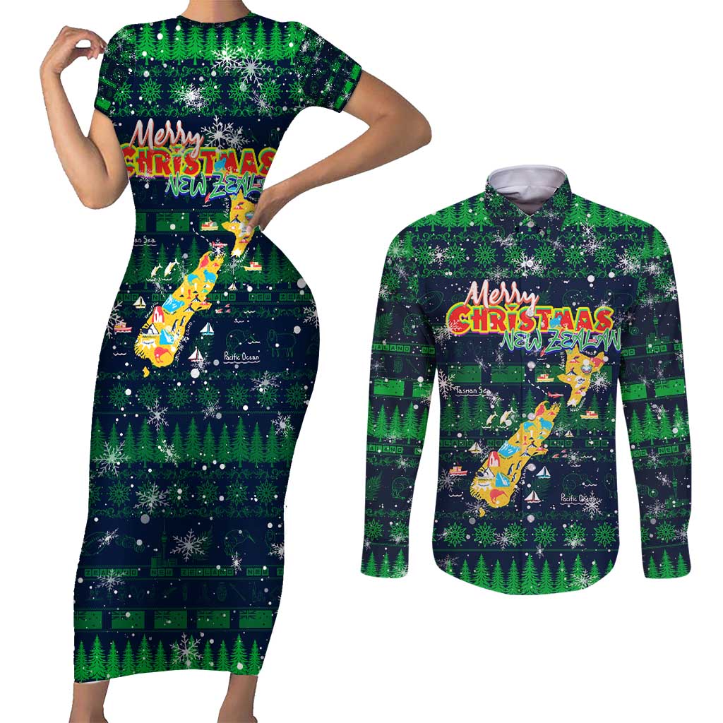 Merry Christmas New Zealand Couples Matching Short Sleeve Bodycon Dress and Long Sleeve Button Shirt Xmas Travel Map - Aussie Hoodie