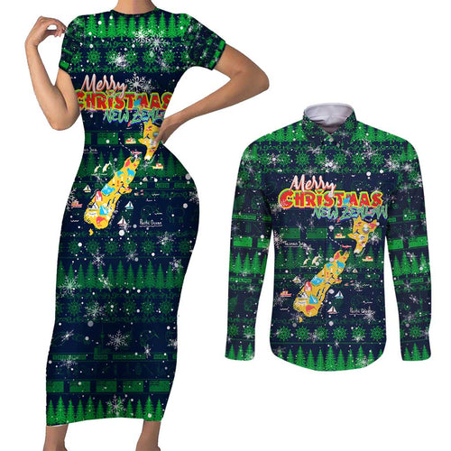 Merry Christmas New Zealand Couples Matching Short Sleeve Bodycon Dress and Long Sleeve Button Shirt Xmas Travel Map - Aussie Hoodie
