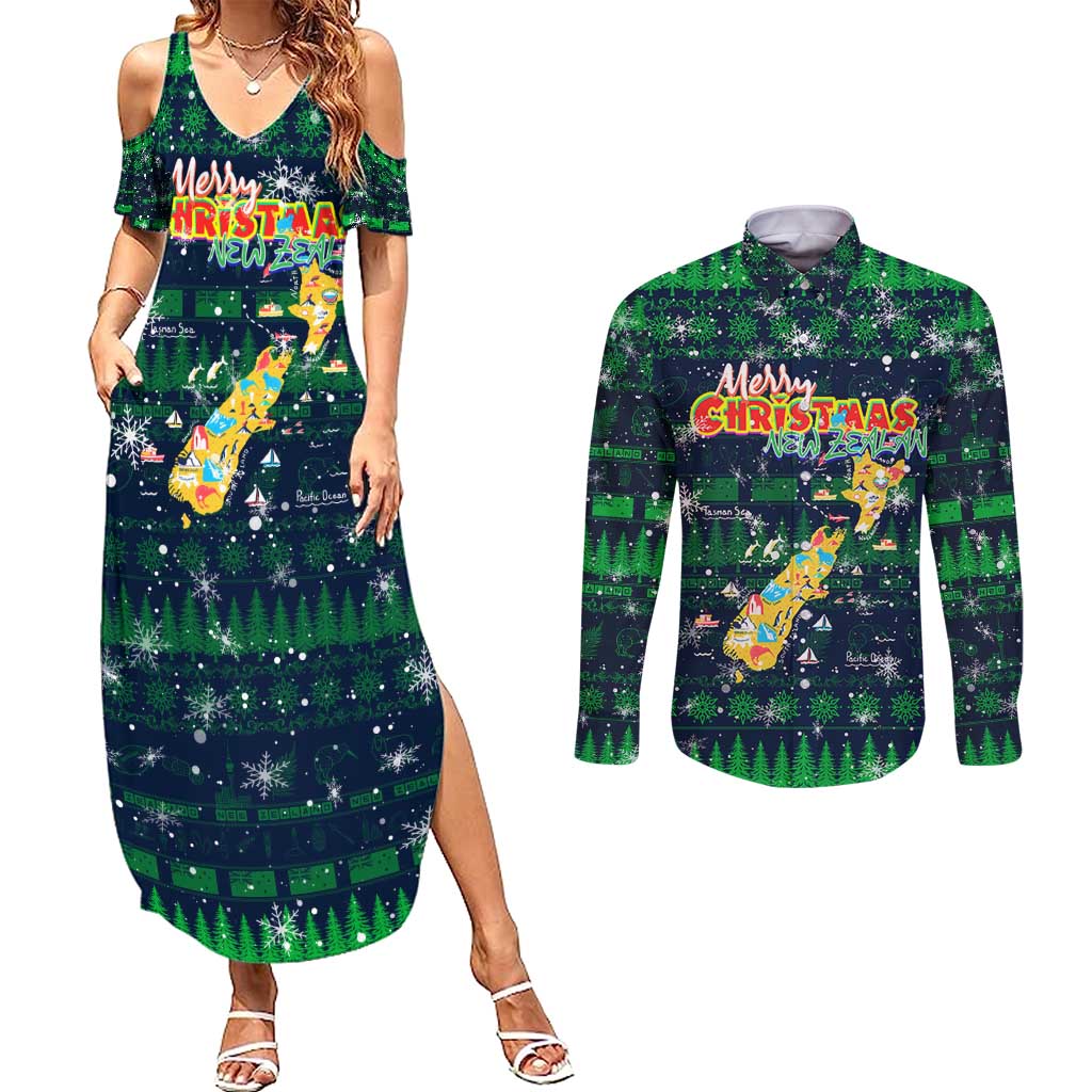 Merry Christmas New Zealand Couples Matching Summer Maxi Dress and Long Sleeve Button Shirt Xmas Travel Map - Aussie Hoodie