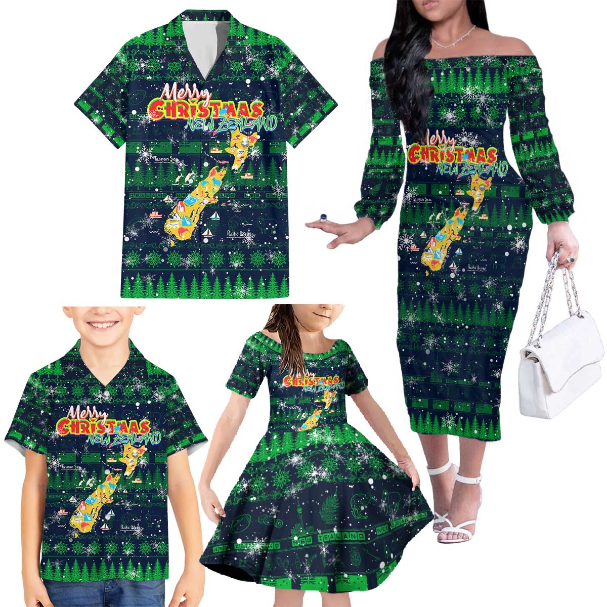 Merry Christmas New Zealand Family Matching Off The Shoulder Long Sleeve Dress and Hawaiian Shirt Xmas Travel Map - Aussie Hoodie