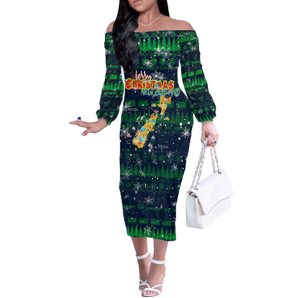 Merry Christmas New Zealand Family Matching Off The Shoulder Long Sleeve Dress and Hawaiian Shirt Xmas Travel Map - Aussie Hoodie
