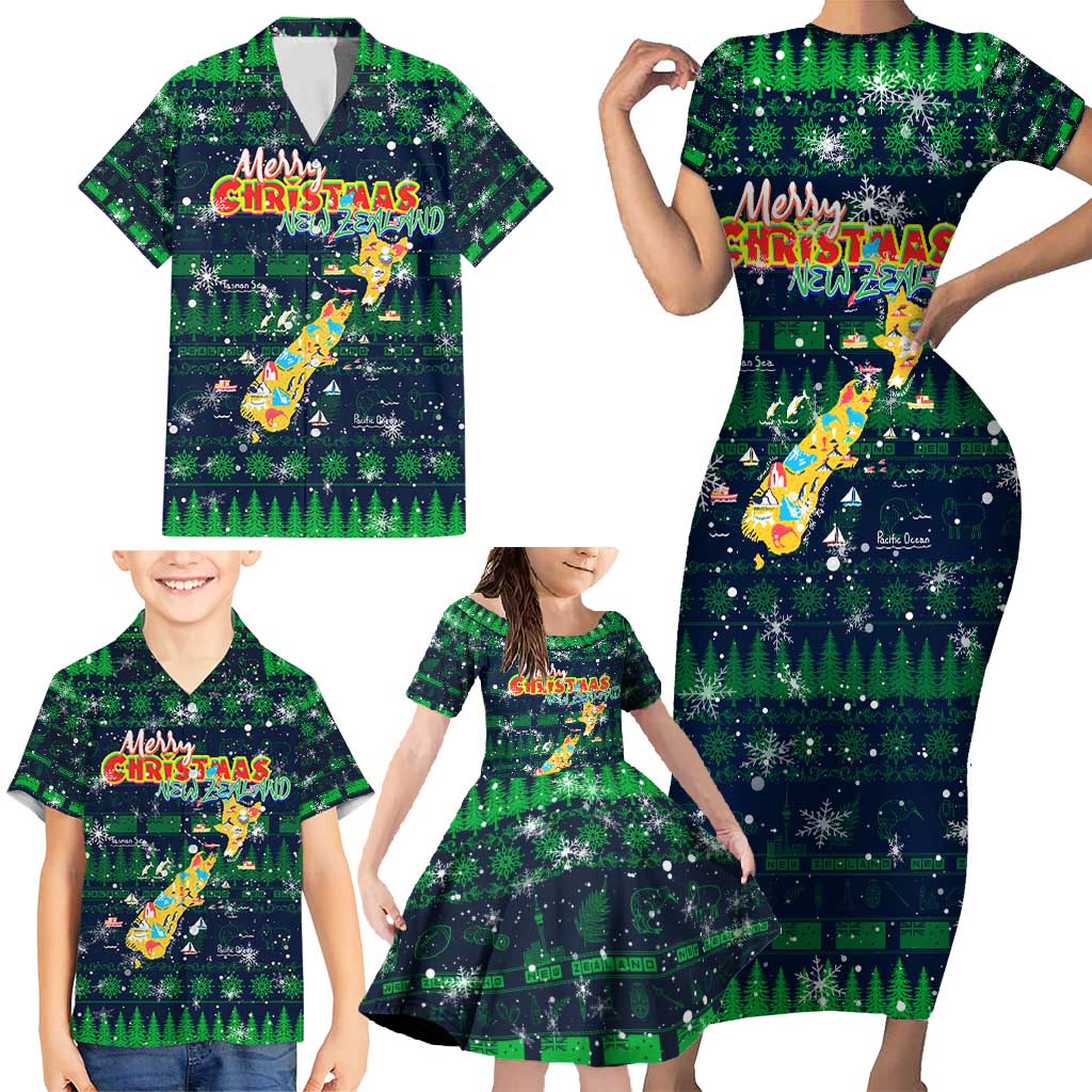 Merry Christmas New Zealand Family Matching Short Sleeve Bodycon Dress and Hawaiian Shirt Xmas Travel Map - Aussie Hoodie