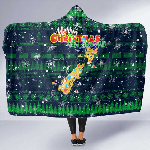 Merry Christmas New Zealand Hooded Blanket Xmas Travel Map - Aussie Hoodie