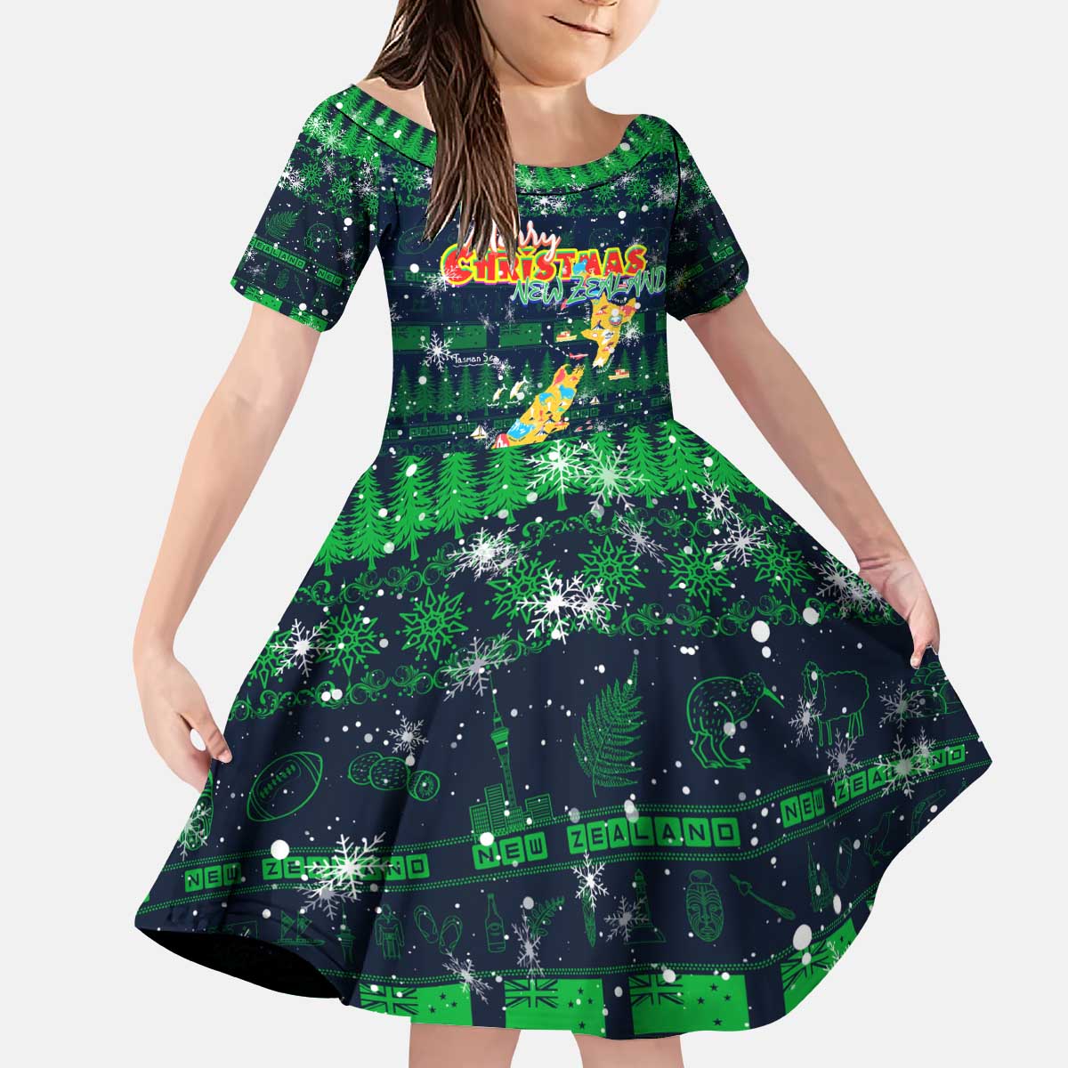 Merry Christmas New Zealand Kid Short Sleeve Dress Xmas Travel Map - Aussie Hoodie