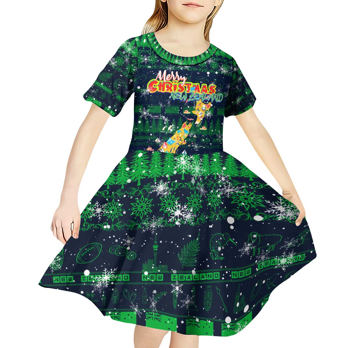 Merry Christmas New Zealand Kid Short Sleeve Dress Xmas Travel Map - Aussie Hoodie