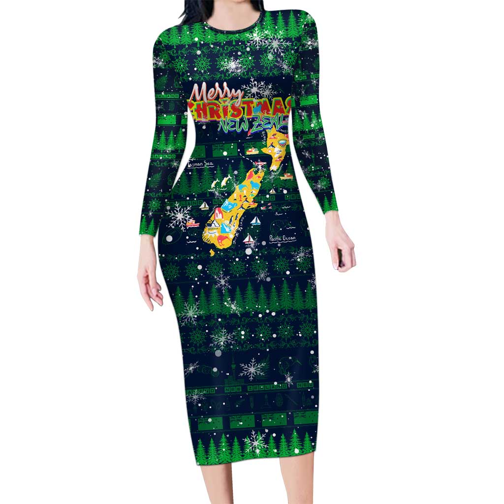Merry Christmas New Zealand Long Sleeve Bodycon Dress Xmas Travel Map - Aussie Hoodie