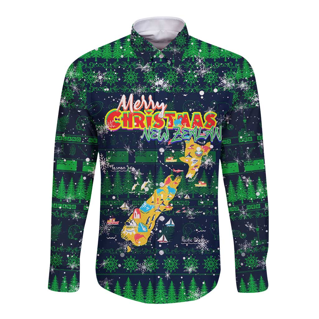 Merry Christmas New Zealand Long Sleeve Button Shirt Xmas Travel Map - Aussie Hoodie