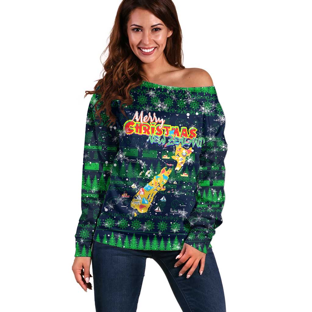 Merry Christmas New Zealand Off Shoulder Sweater Xmas Travel Map - Aussie Hoodie