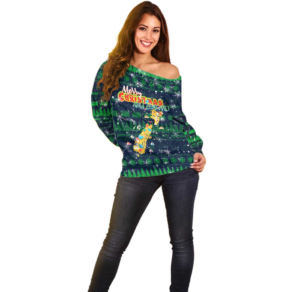Merry Christmas New Zealand Off Shoulder Sweater Xmas Travel Map - Aussie Hoodie