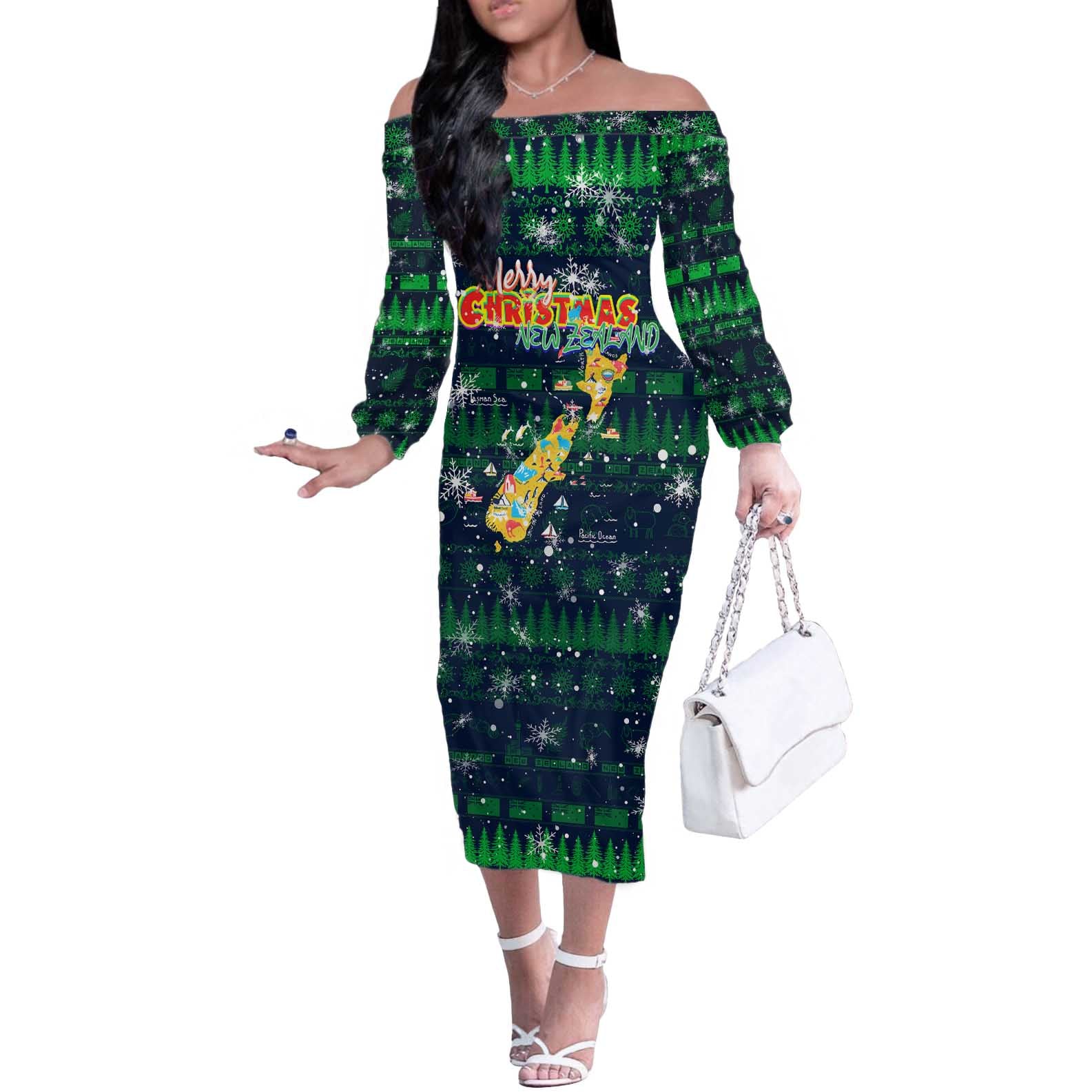 Merry Christmas New Zealand Off The Shoulder Long Sleeve Dress Xmas Travel Map - Aussie Hoodie