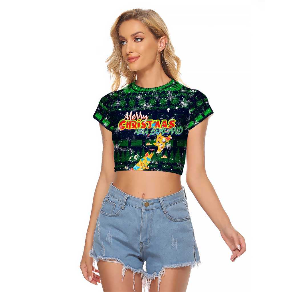 Merry Christmas New Zealand Raglan Cropped T Shirt Xmas Travel Map - Aussie Hoodie