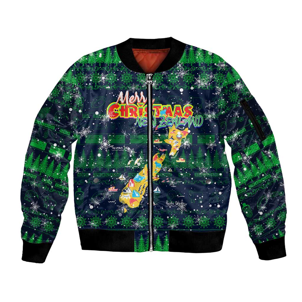 Merry Christmas New Zealand Sleeve Zip Bomber Jacket Xmas Travel Map - Aussie Hoodie