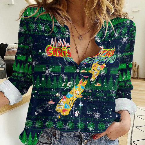 Merry Christmas New Zealand Women Casual Shirt Xmas Travel Map - Aussie Hoodie