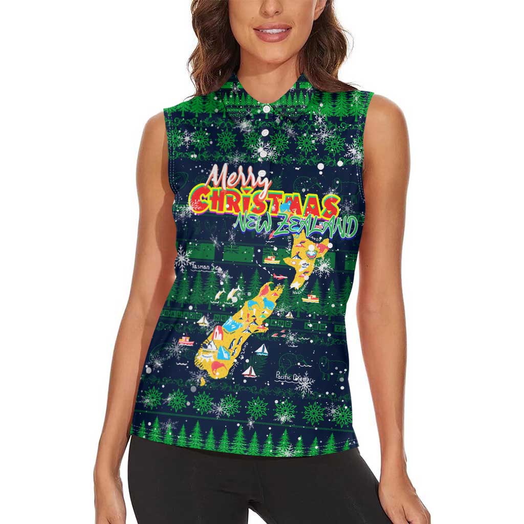 Merry Christmas New Zealand Women Sleeveless Polo Shirt Xmas Travel Map - Aussie Hoodie
