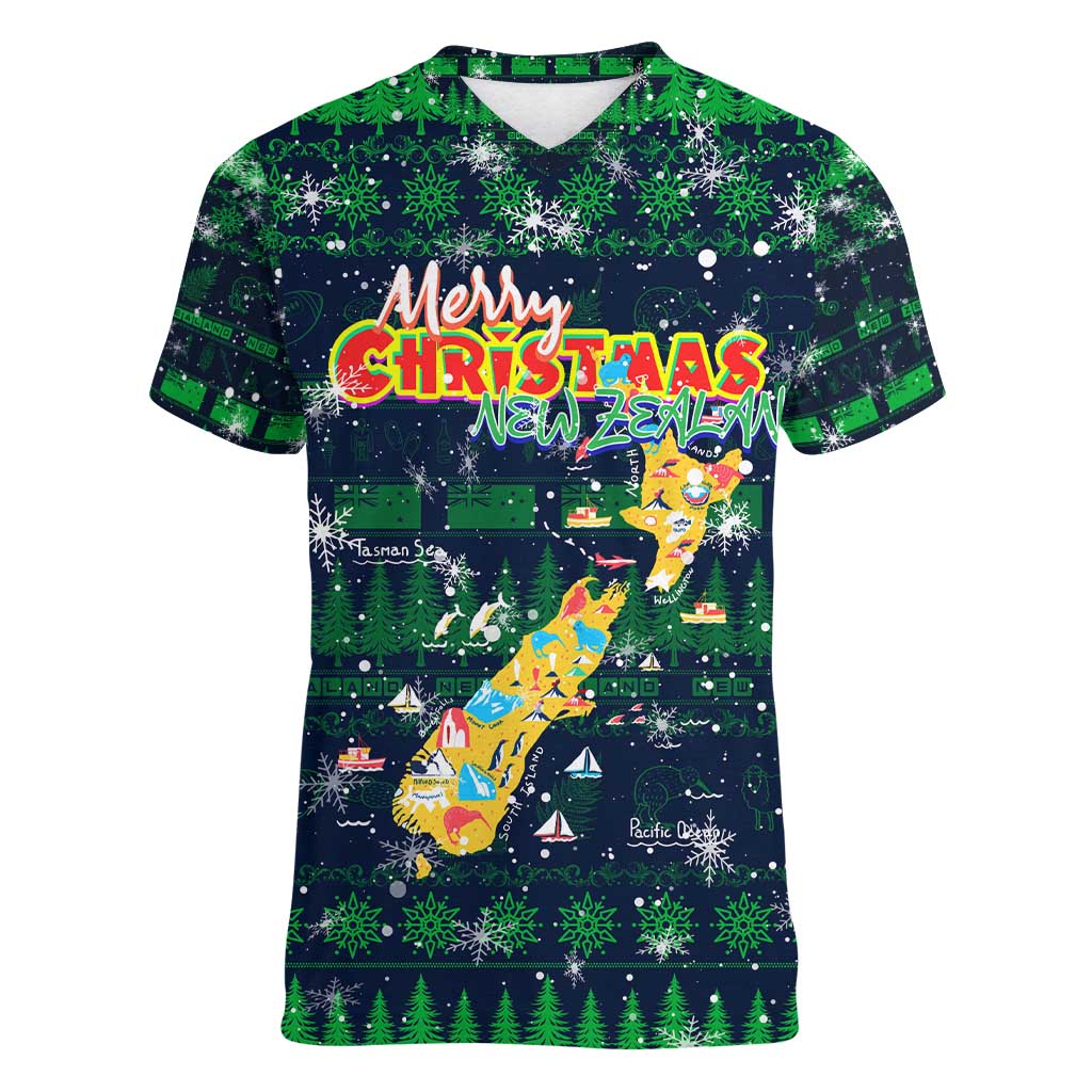 Merry Christmas New Zealand Women V-Neck T-Shirt Xmas Travel Map - Aussie Hoodie