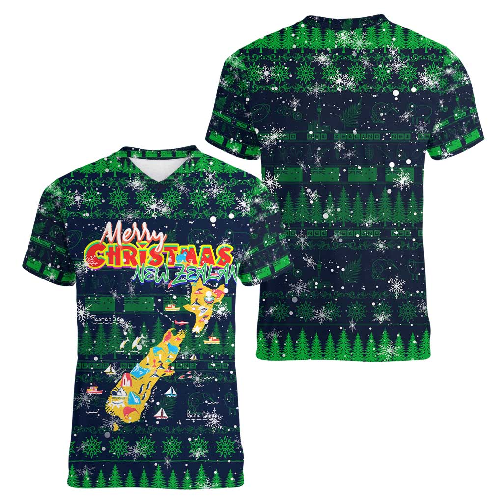 Merry Christmas New Zealand Women V-Neck T-Shirt Xmas Travel Map - Aussie Hoodie