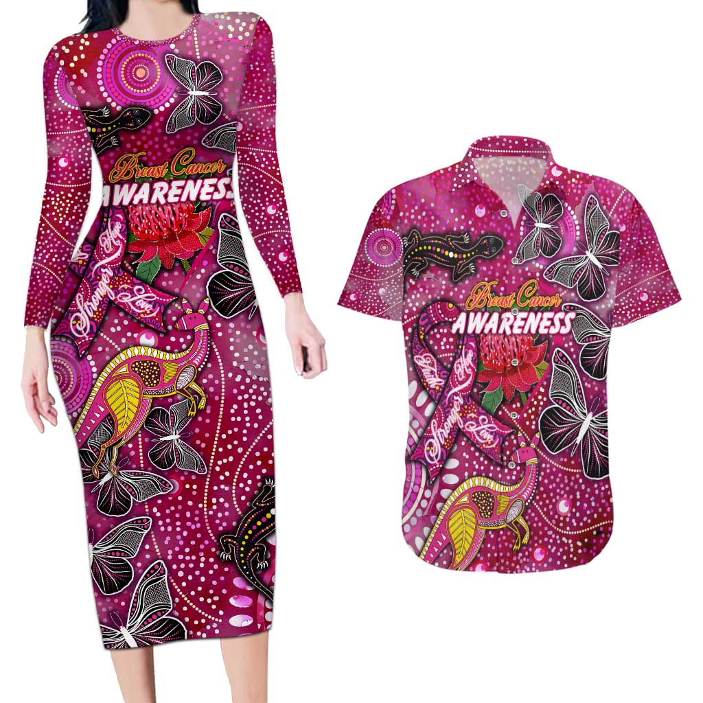 Breast Cancer Awareness Aboriginal Couples Matching Long Sleeve Bodycon Dress and Hawaiian Shirt Australian Pink Out