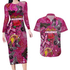 Breast Cancer Awareness Aboriginal Couples Matching Long Sleeve Bodycon Dress and Hawaiian Shirt Australian Pink Out