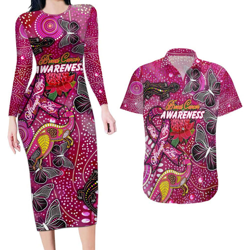 Breast Cancer Awareness Aboriginal Couples Matching Long Sleeve Bodycon Dress and Hawaiian Shirt Australian Pink Out