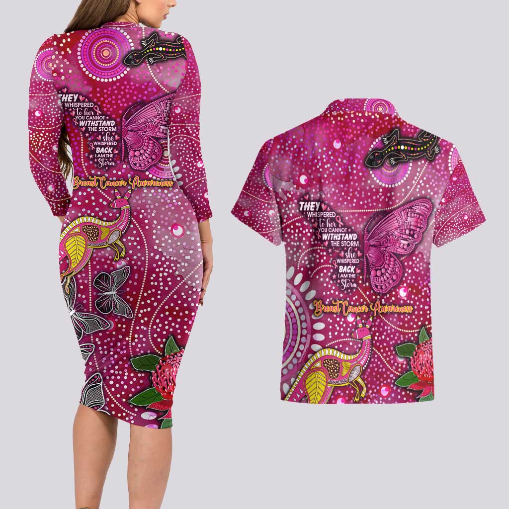 Breast Cancer Awareness Aboriginal Couples Matching Long Sleeve Bodycon Dress and Hawaiian Shirt Australian Pink Out