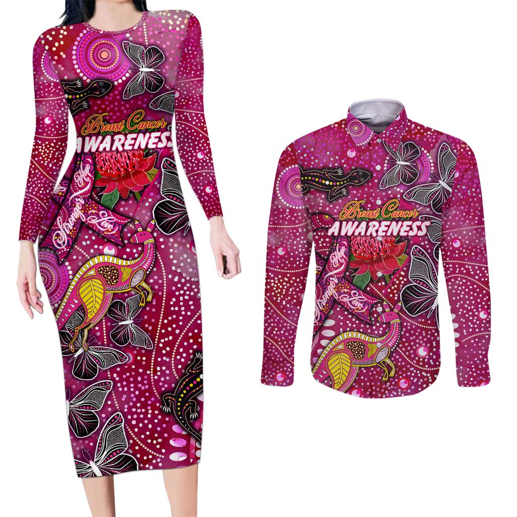 Breast Cancer Awareness Aboriginal Couples Matching Long Sleeve Bodycon Dress and Long Sleeve Button Shirt Australian Pink Out