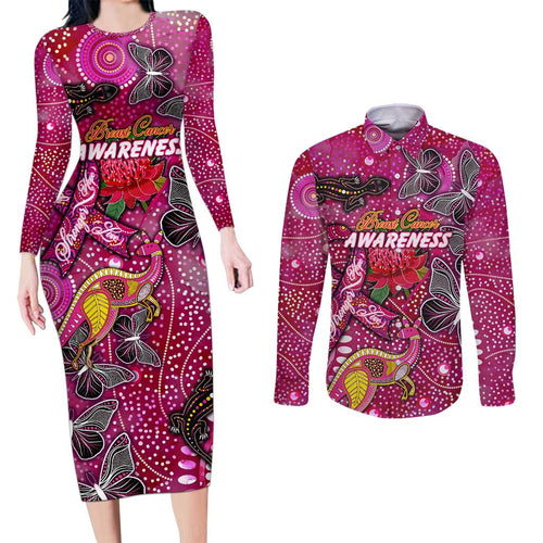 Breast Cancer Awareness Aboriginal Couples Matching Long Sleeve Bodycon Dress and Long Sleeve Button Shirt Australian Pink Out