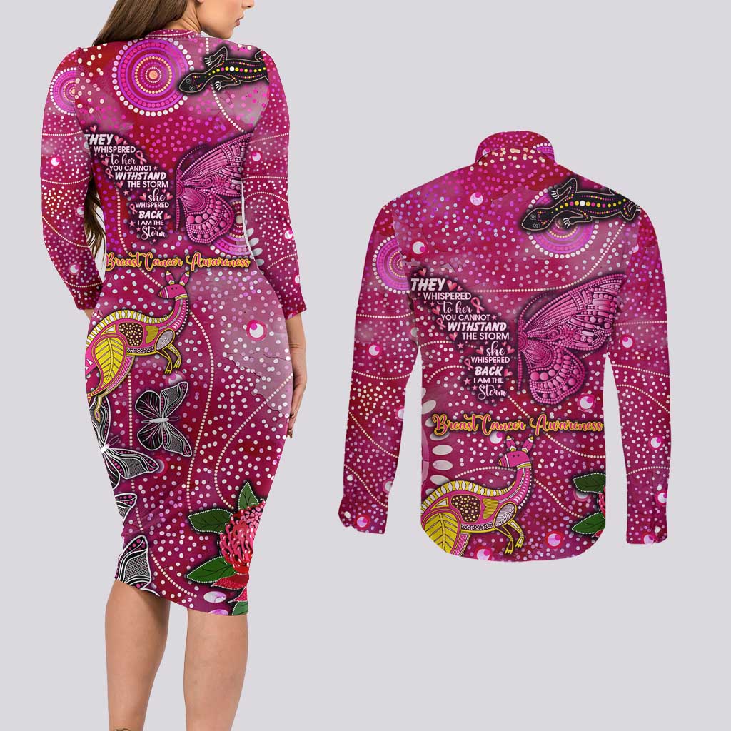 Breast Cancer Awareness Aboriginal Couples Matching Long Sleeve Bodycon Dress and Long Sleeve Button Shirt Australian Pink Out