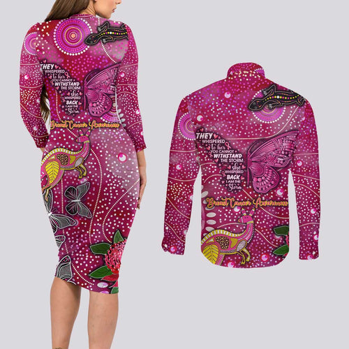 Breast Cancer Awareness Aboriginal Couples Matching Long Sleeve Bodycon Dress and Long Sleeve Button Shirt Australian Pink Out