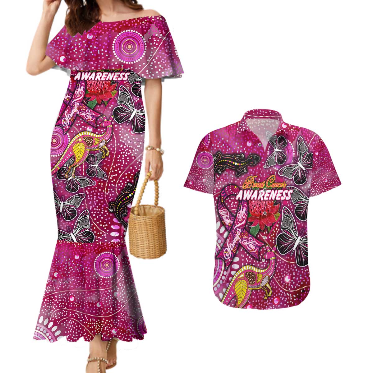 Breast Cancer Awareness Aboriginal Couples Matching Mermaid Dress and Hawaiian Shirt Australian Pink Out