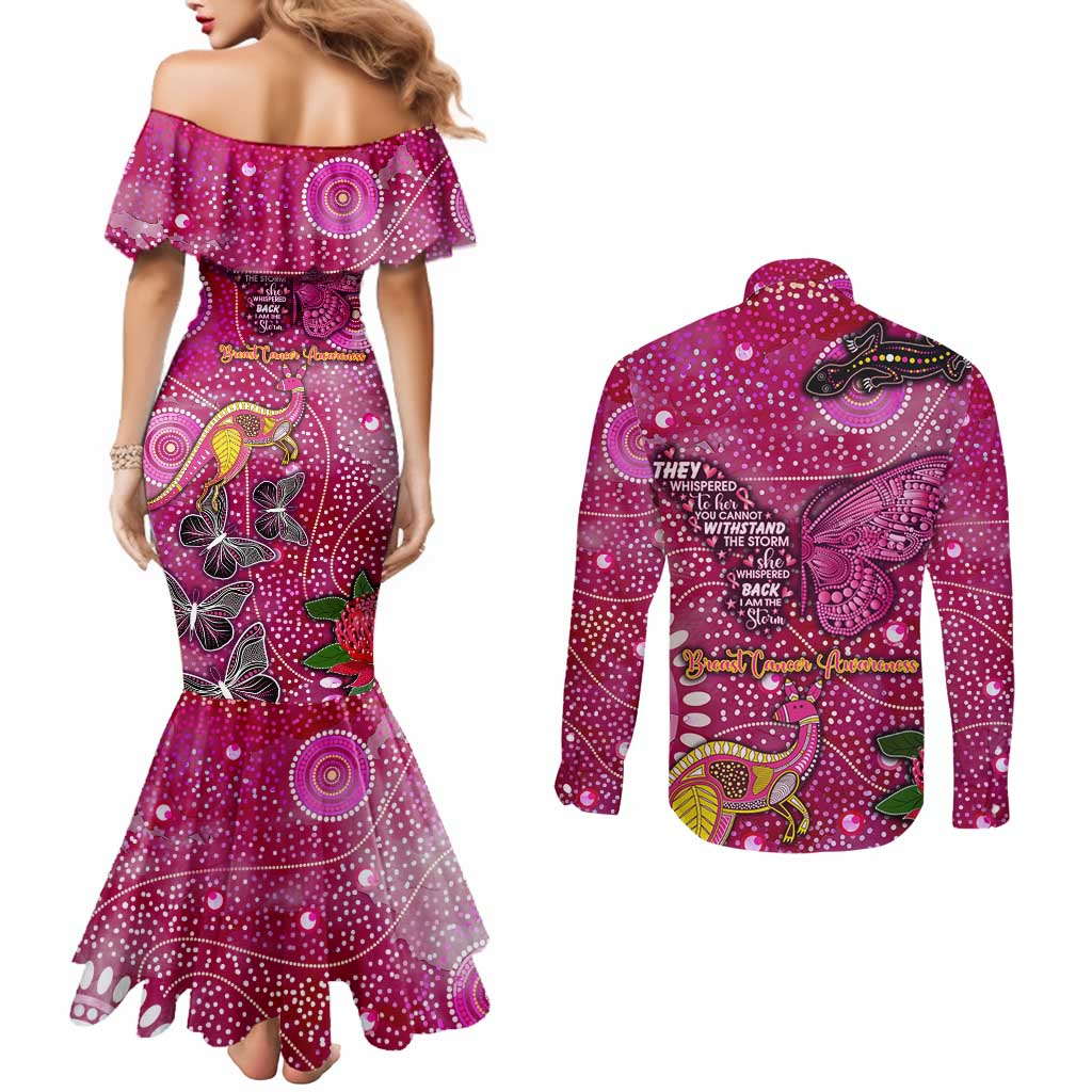 Breast Cancer Awareness Aboriginal Couples Matching Mermaid Dress and Long Sleeve Button Shirt Australian Pink Out
