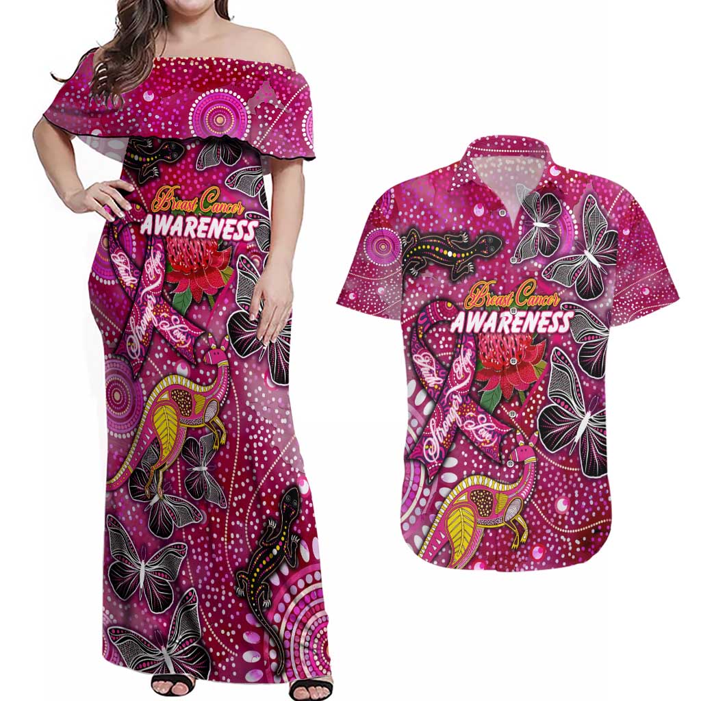 Breast Cancer Awareness Aboriginal Couples Matching Off Shoulder Maxi Dress and Hawaiian Shirt Australian Pink Out