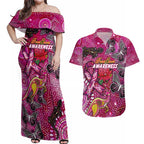 Breast Cancer Awareness Aboriginal Couples Matching Off Shoulder Maxi Dress and Hawaiian Shirt Australian Pink Out