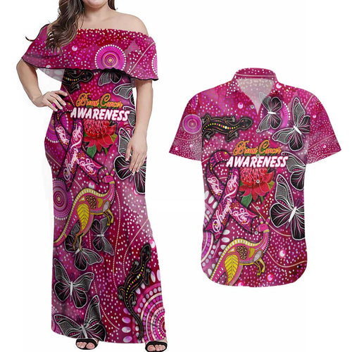 Breast Cancer Awareness Aboriginal Couples Matching Off Shoulder Maxi Dress and Hawaiian Shirt Australian Pink Out