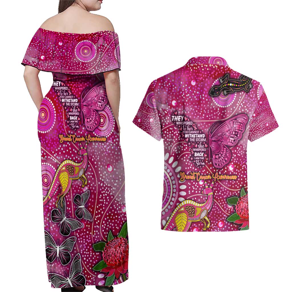 Breast Cancer Awareness Aboriginal Couples Matching Off Shoulder Maxi Dress and Hawaiian Shirt Australian Pink Out