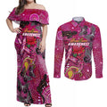 Breast Cancer Awareness Aboriginal Couples Matching Off Shoulder Maxi Dress and Long Sleeve Button Shirt Australian Pink Out