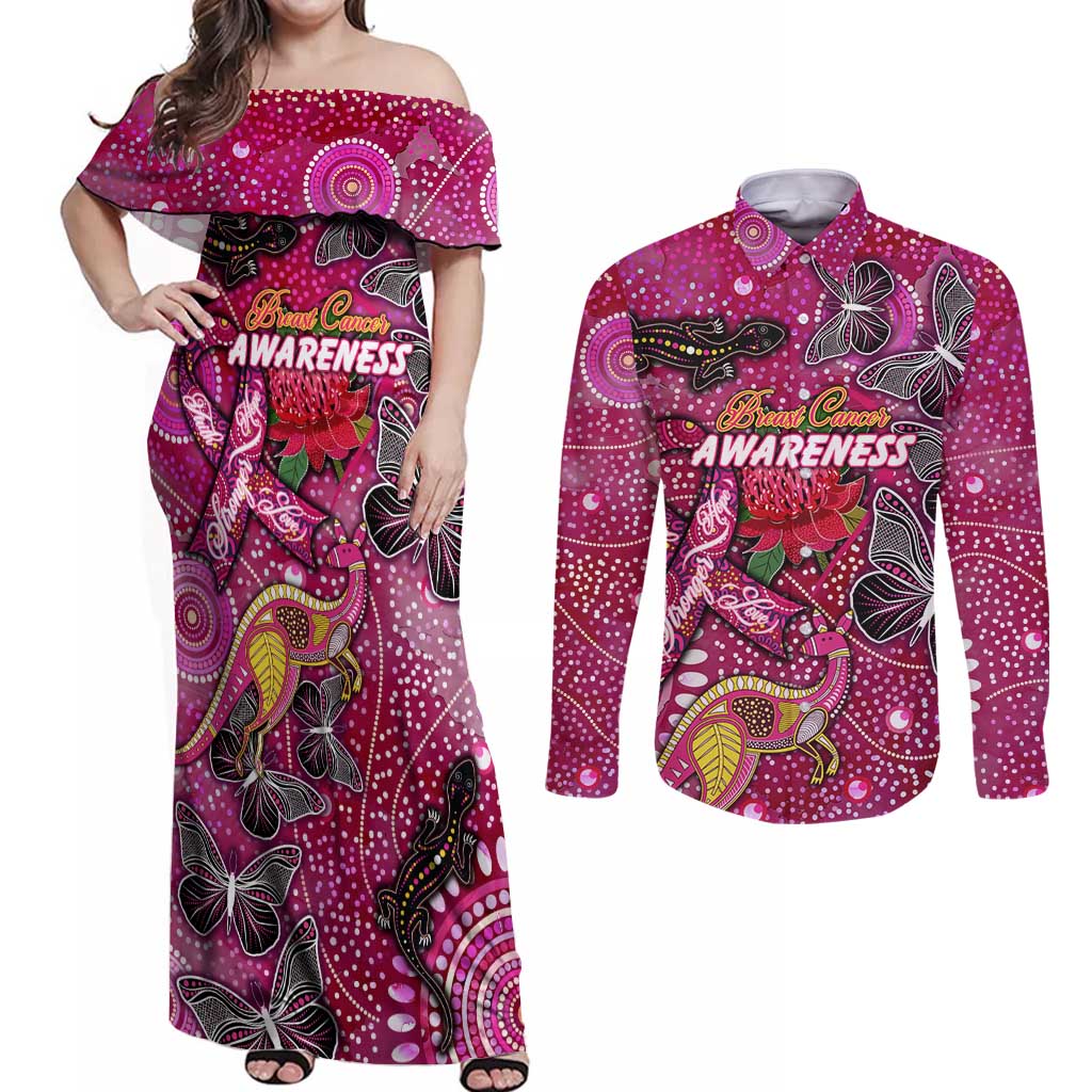 Breast Cancer Awareness Aboriginal Couples Matching Off Shoulder Maxi Dress and Long Sleeve Button Shirt Australian Pink Out
