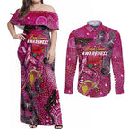 Breast Cancer Awareness Aboriginal Couples Matching Off Shoulder Maxi Dress and Long Sleeve Button Shirt Australian Pink Out