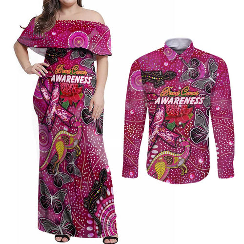 Breast Cancer Awareness Aboriginal Couples Matching Off Shoulder Maxi Dress and Long Sleeve Button Shirt Australian Pink Out