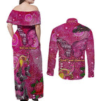 Breast Cancer Awareness Aboriginal Couples Matching Off Shoulder Maxi Dress and Long Sleeve Button Shirt Australian Pink Out