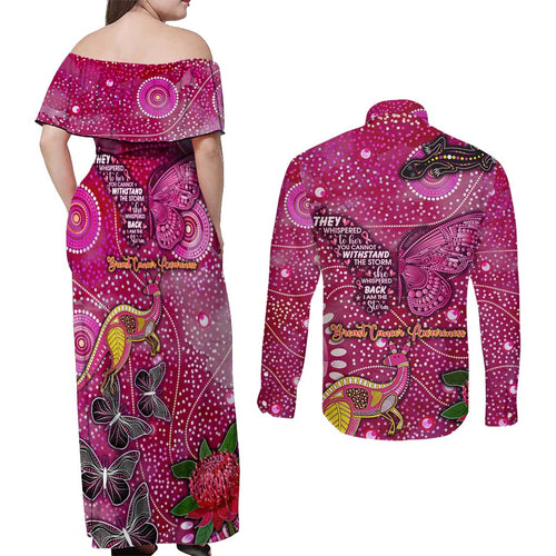 Breast Cancer Awareness Aboriginal Couples Matching Off Shoulder Maxi Dress and Long Sleeve Button Shirt Australian Pink Out