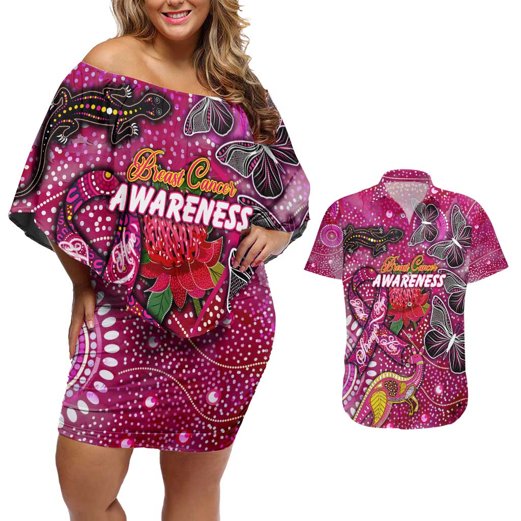 Breast Cancer Awareness Aboriginal Couples Matching Off Shoulder Short Dress and Hawaiian Shirt Australian Pink Out