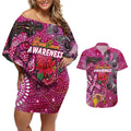 Breast Cancer Awareness Aboriginal Couples Matching Off Shoulder Short Dress and Hawaiian Shirt Australian Pink Out