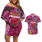 Breast Cancer Awareness Aboriginal Couples Matching Off Shoulder Short Dress and Hawaiian Shirt Australian Pink Out